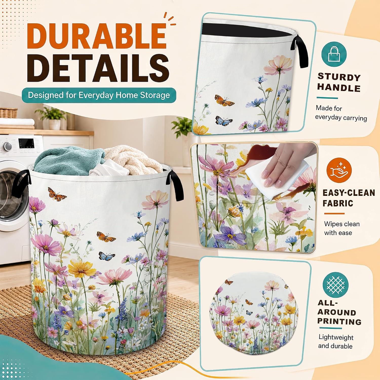 Wildflowers Laundry Basket,Butterfly Flowers Foldable Oxford Laundry Hamper with Handles,Portable Clothes Tote Bag Clothes Storage Bucket Organizer 20.8" x16" For Bathroom/Laundry Storage/Bedroom