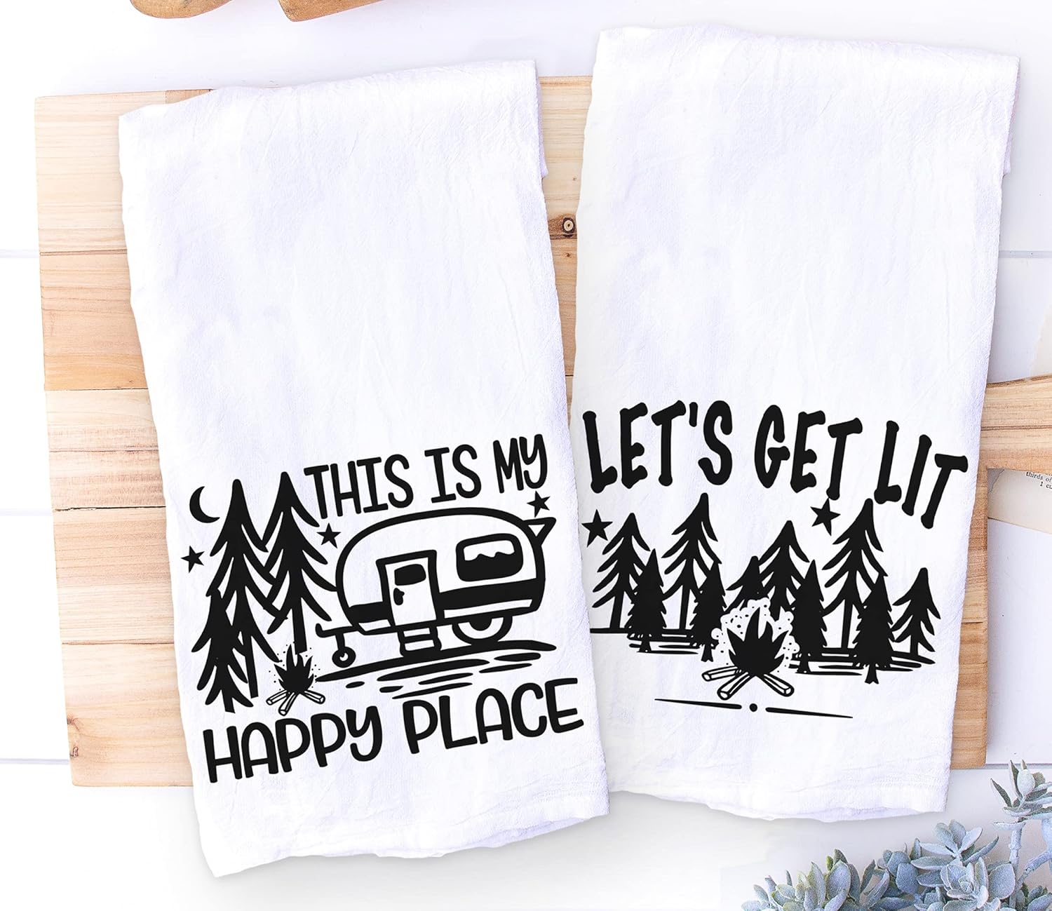 Handmade Funny Camping Kitchen Towel Set - 100% Cotton Funny Sayings Dish Towel for RV Camping Accessories- 28x28 Inch Perfect for Housewarming-Christmas-Camping Gifts (Lets Get Lit & Happy Place)