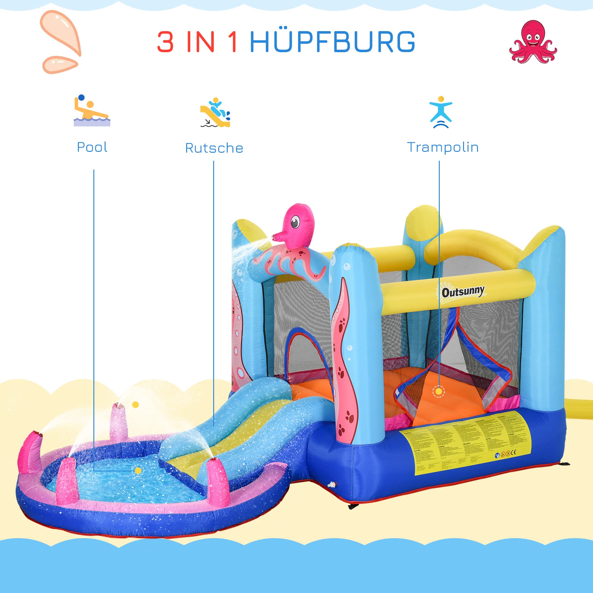 Outsunny Aufblasbare Hüpfburg mit Rutsche Springburg Spielburg Wasserpark für Kinder Trampolin aufblasbar Wasserrutsche Pool für 3-8 Jahre Oktopus-Muster Oxfordstoff 360 x 175 x 180 cm