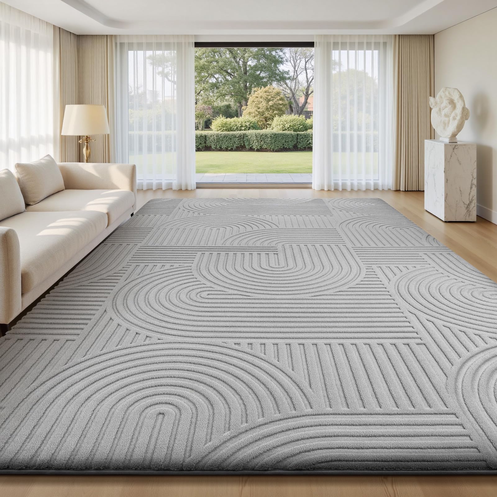 Sour Lemon Tapis de salon 200 x 300 cm, Tapis 3D gris clair avec design circulaire, Tapis peluche courte lavable, Tapis antidérapant pour chambre, salle à manger, cuisine et bureau