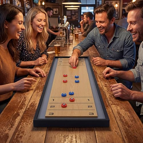 Miniatura 9 de Goplus Juego de mesa 2 en 1, juego de mesa portátil de 2 caras con 8 discos rodantes, juego de mesa de tejo de madera y curling para adultos