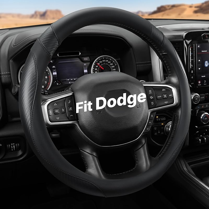 Capa para volante West Llama em material com textura de fibra de carbono para Dodge RAM 1500, 2500 e 3500, 39,4–40,6 cm, B-Black