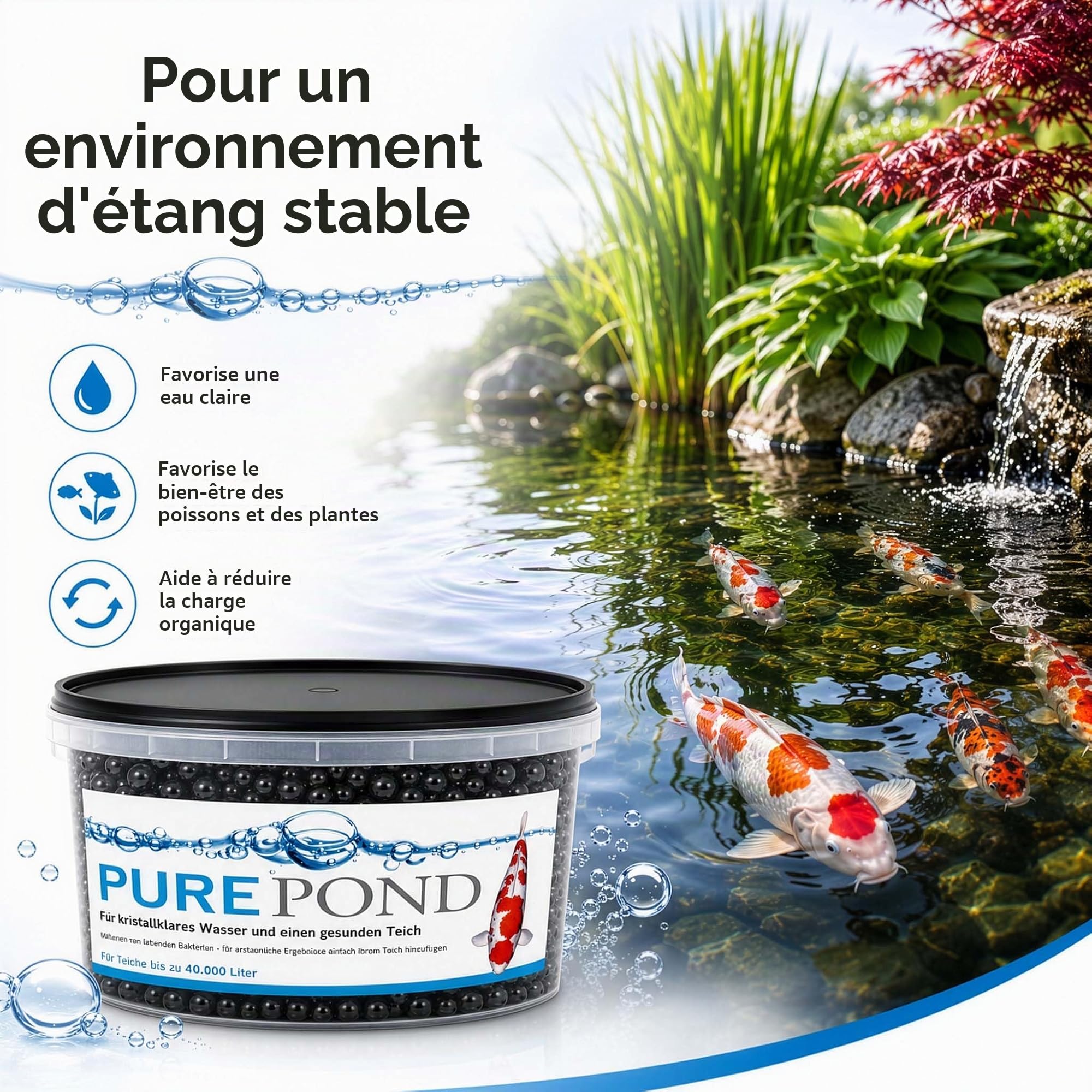 Evolution Aqua Pure Pond 2000 ML - pour 40000 litres - bactéries et enzymes - pour Filtre Eau Filtration Entretien Bassin Aquarium - régulation des valeurs Ammoniac et Nitrite - aquariophilie