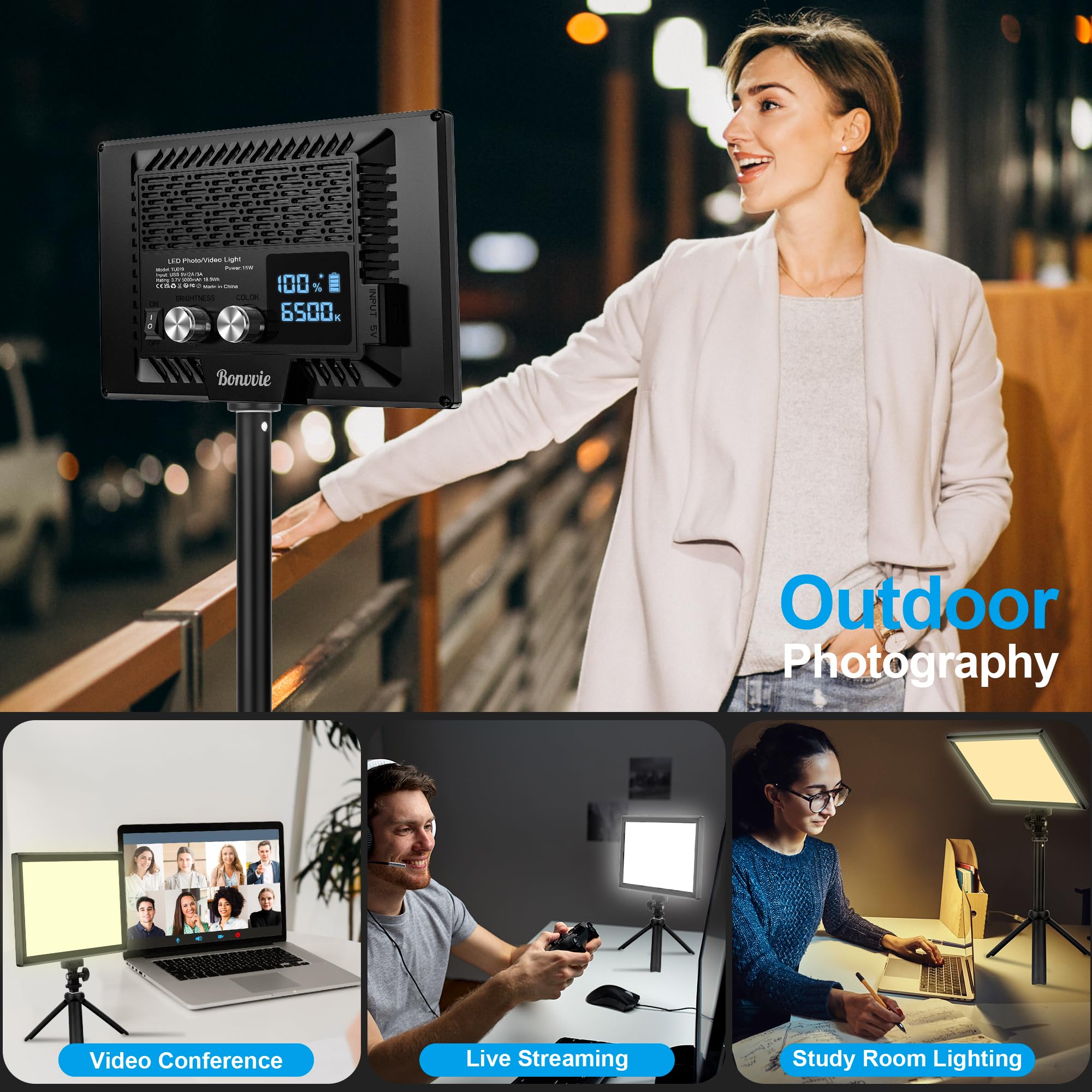 Kit LED Luce Video, 9" Luce per Fotocamera Ricaricabile con batteria 5000mAh,3000-6500K CRI 97+ Illuminazione Fotografica Morbida per Studio e Fotografia all'aperto Vlog Zoom Calls Live Stream