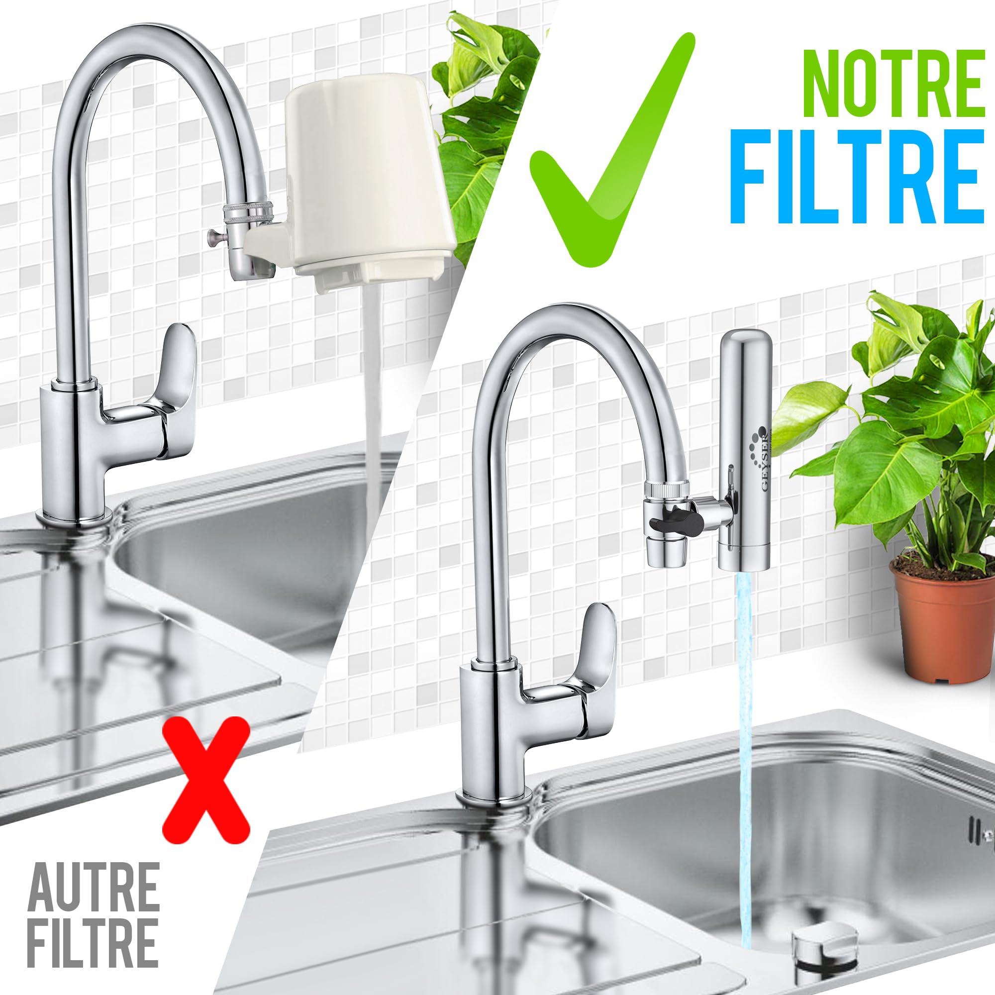 GEYSER EURO - Filtro per Acqua di Rubinetto con Materiale Unico ARAGON, Sistema di Filtraggio Dell'acqua Altamente Efficiente: Sistema con 1 Cartuccia Preinstallata + 3 Cartucce Aggiuntive