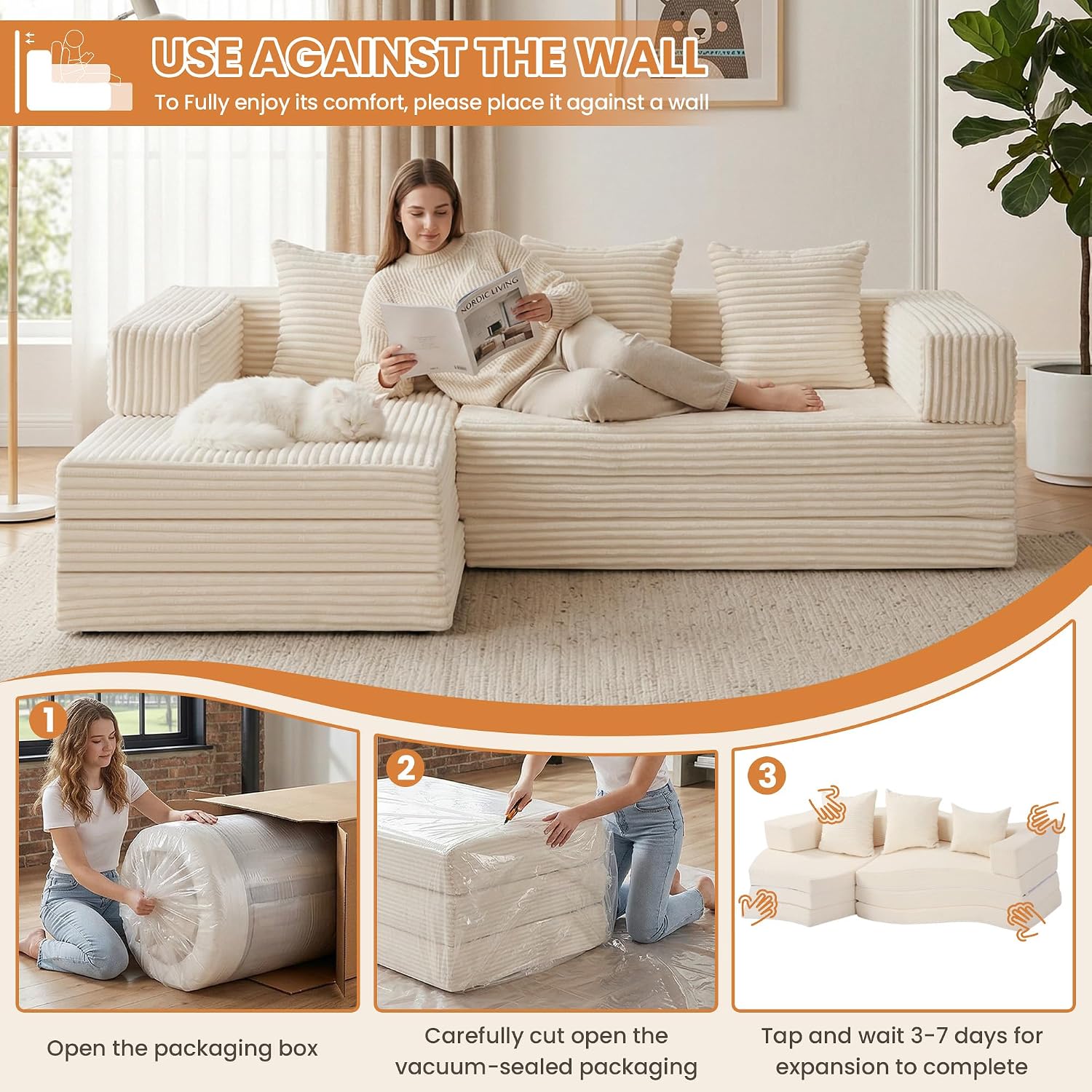96" Boneless Couch for Living Room,Oversized Modular Sectional Sofa Bed,Modern Folding Cloud Couch with L-Shape Chaise,Convertible Sleeper Sofa,Corduroy Futon for Small Spaces Apartment,No Assembly