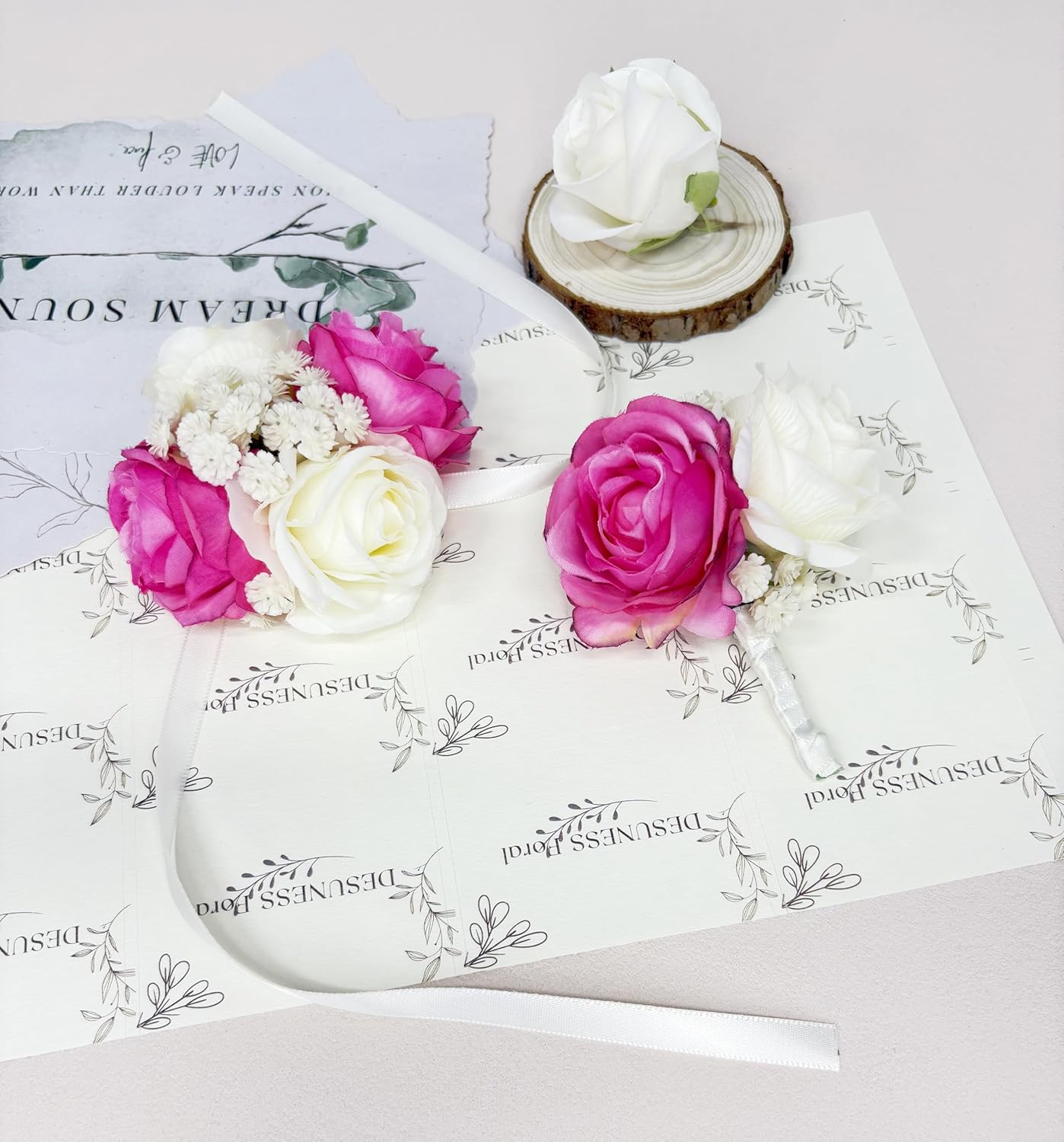 Hot Pink Rose Wrist Corsage Wristlet Band Bracelet and Men Boutonniere Set for White Wedding Flower Accessories Prom Suit Decorations - Image 2