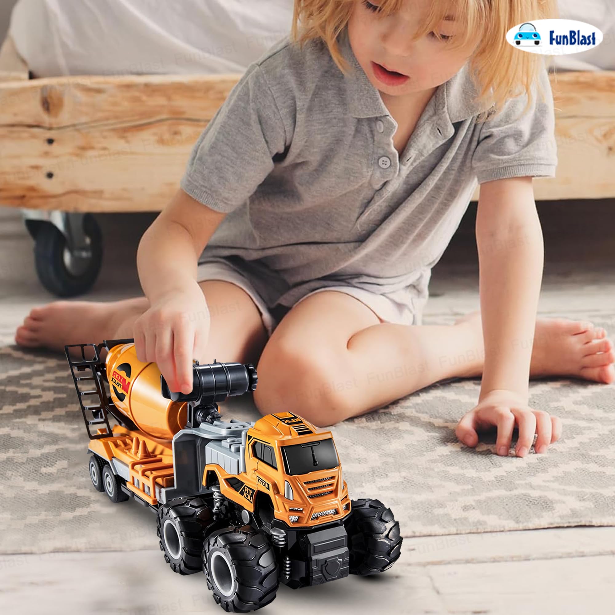 FunBlast Cement Mixer Truck Toy for Kids - 1:43 Scale Model Die-Cast 4 X 4 Drive Pull Back Friction Power Truck Toys, Pull Back Toy Vehicles Play Set for 3+ Years Boys, Girls 4