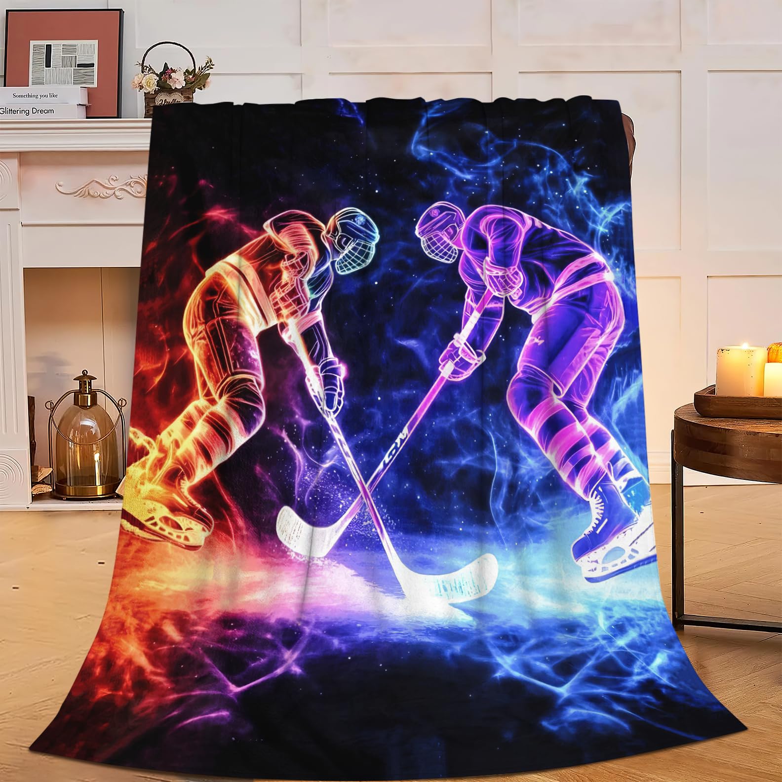 Yibuda Neon Hockey Player Blanket Ice Hockey Flannel Plush Throw Blanket Cozy Sports Fans Decor Fleece Stuff Blanket Gifts for Lover Girls Boys Kids Adults Women Bed Travel 40"x50"