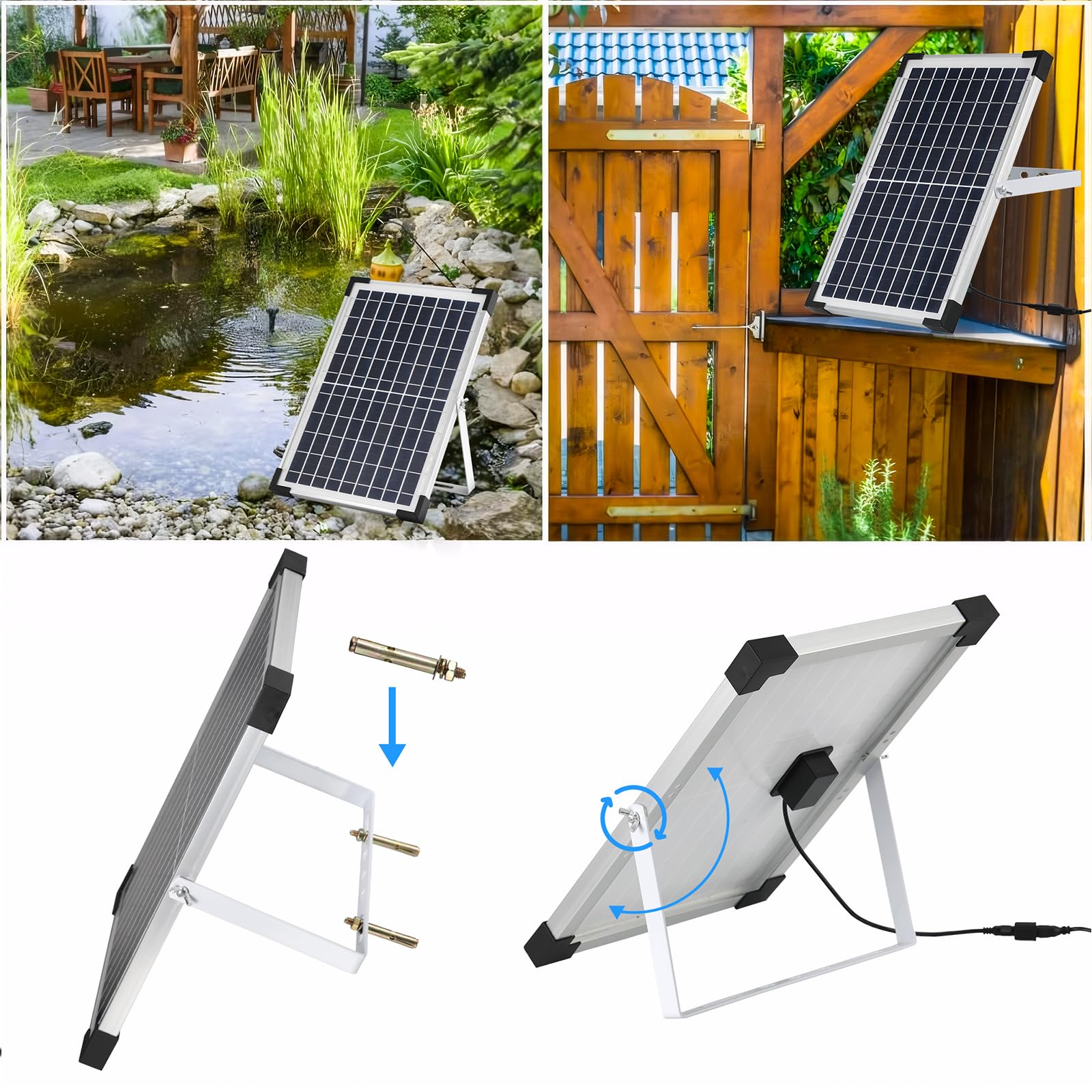 Pompa Solare da 10-12 W, 190 l/h, Fontana Solare da Giardino, Pompa Acqua Solare da Esterno, Tubo da 1 M, Lunghezza del cavo 3,25M, 9 Ugelli, per Laghetto, Bagno Degli Uccelli,Vasca per Pesci,Giardino