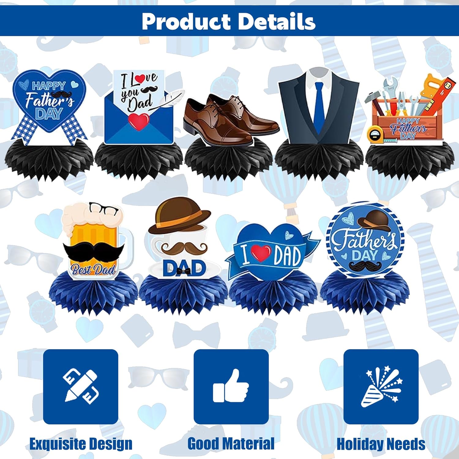 Father's Day Decorations Honeycomb Centerpiece, 9 Pcs Double Sided Printing Fathers Day Table Decorations Blue Best Dad Table Centerpiece for Happy Fathers Day Party Supplies Table Decor