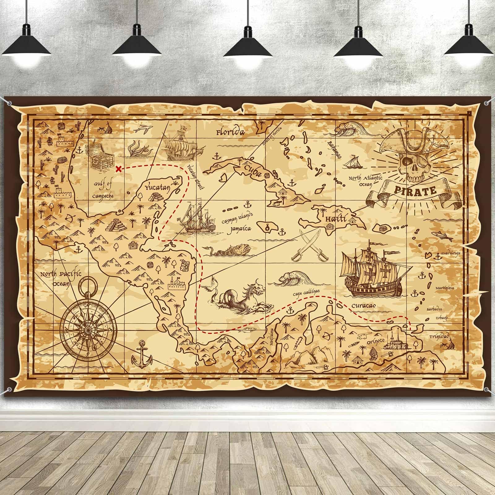 8x6FT Pirate Treasure Map Backdrop Pirate Nautical Theme Photography Background Vintage Nautical Coastal Sailboat Skull Ocean Banner Birthday Party