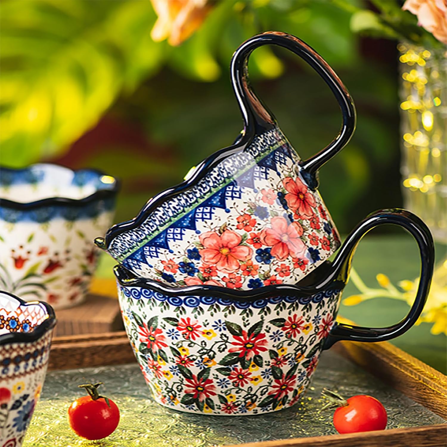 OZY Handpainted Soup Bowl with Handle,Ceramic Cereal Bowl Great for Soup, Ice cream, Fruits,Snack,Microwave &Dishwasher Safe (Daisy)