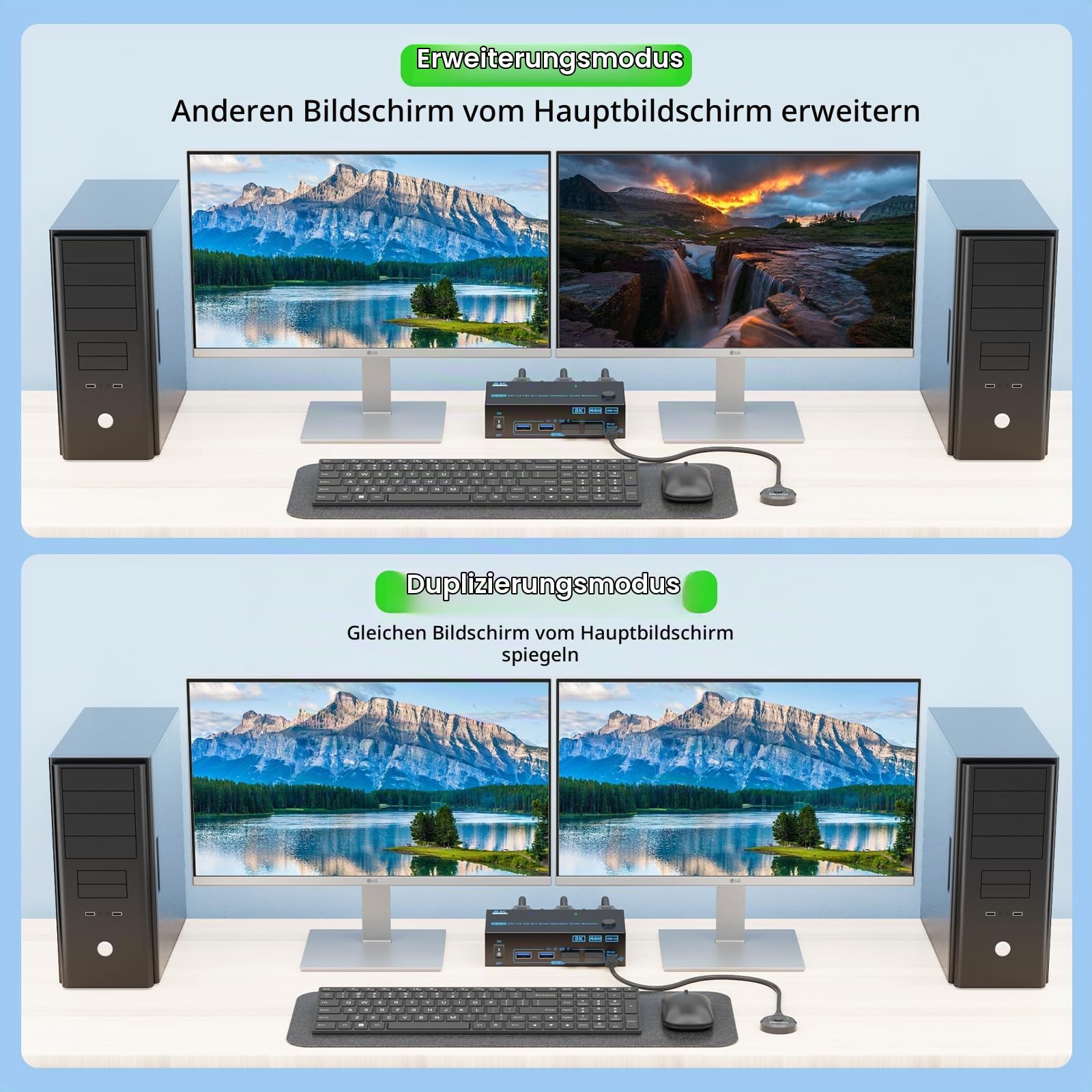 8K 2 Monitore 2 PC KVM Switch Displayport 1.4 + HDMI 2.1 Dual Monitor | 2 IN 2 OUT 2 Ports KVM-Switches Max Unterstützung 8K@60Hz/4K@144Hz für 2 PCs teilen sich 2 Bildschirme und 4 USB 3.0