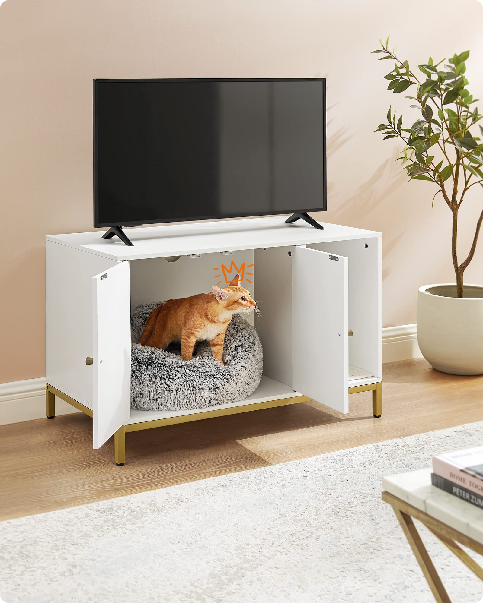 Feandrea PCL007W01 - Mueble de Cama para Gatos con Alfombra de rascado, Patas Altas, Mesa Auxiliar, 80 x 50 x 55 cm, Blanco y Dorado