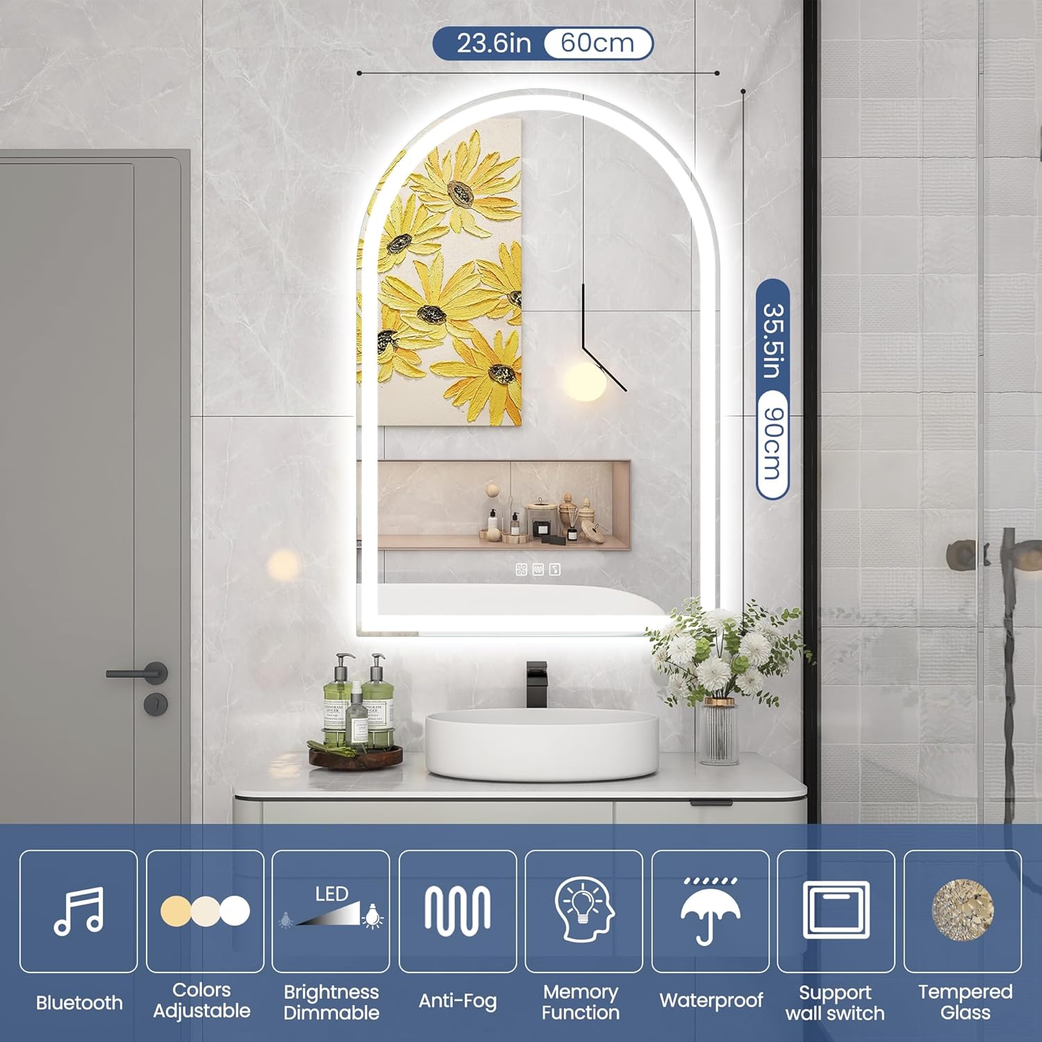 Image showing the arched mirror with dimensions 23.6 inches (60cm) width and 35.5 inches (90cm) height, along with icons representing Bluetooth, adjustable colors, dimmable brightness, anti-fog, memory function, waterproof, wall switch support, and tempered glass.