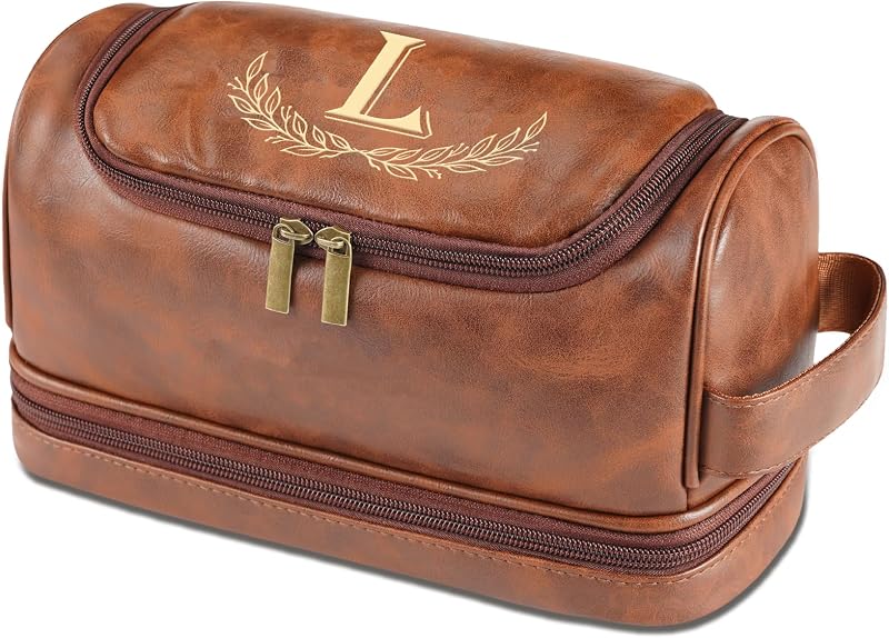 Necessaire de viagem Sparklove em couro sintético, marrom-avermelhada, com zíper e gancho, inicial L