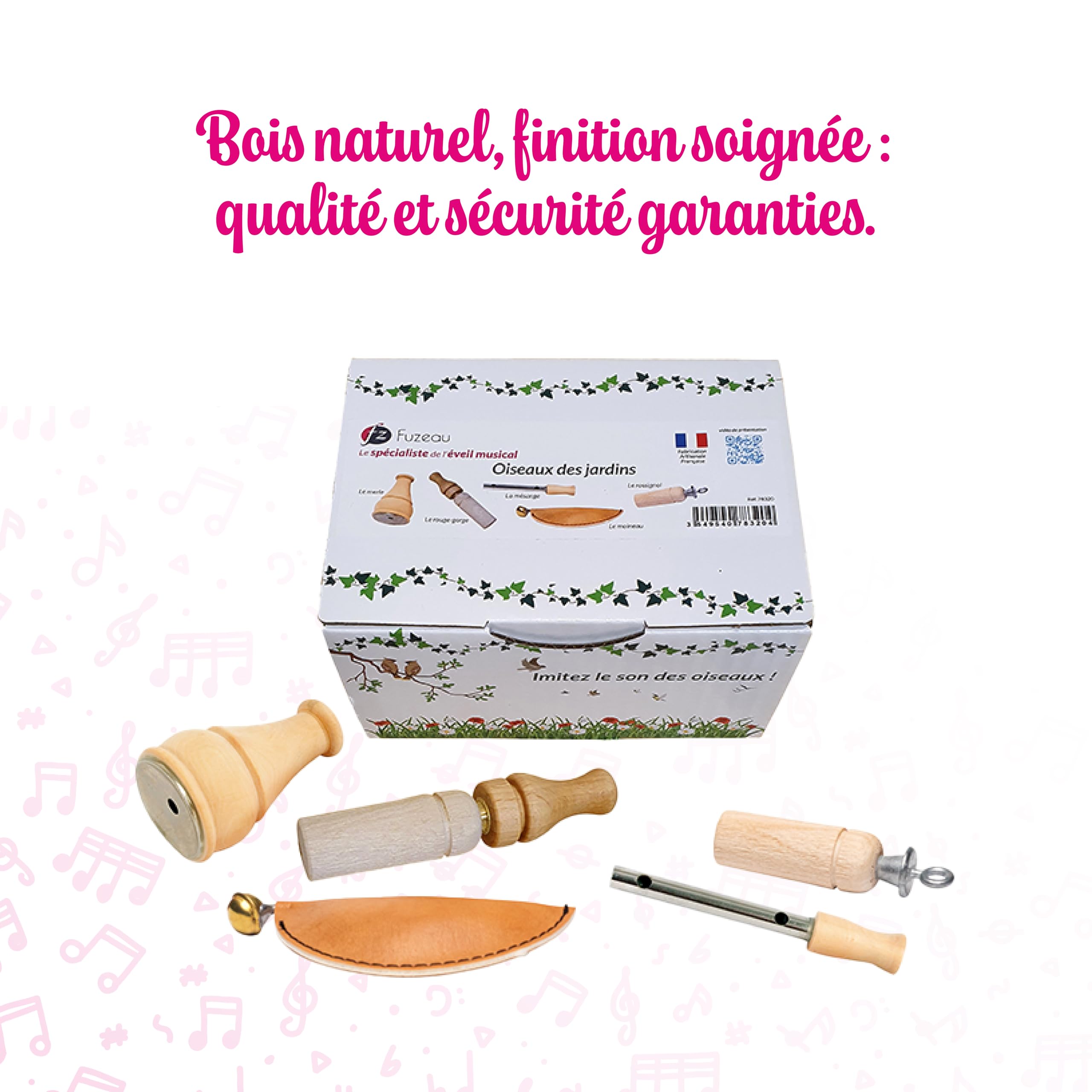 Fuzeau – Coffret 5 Appeaux Manuels - Bois Naturel Buis et Hêtre Vernis Alimentaire – Sons d’Oiseaux Authentiques Poule d’Eau, Grive, Moineau, Rossignol, Canard – Dès 4 Ans - Ref.78321