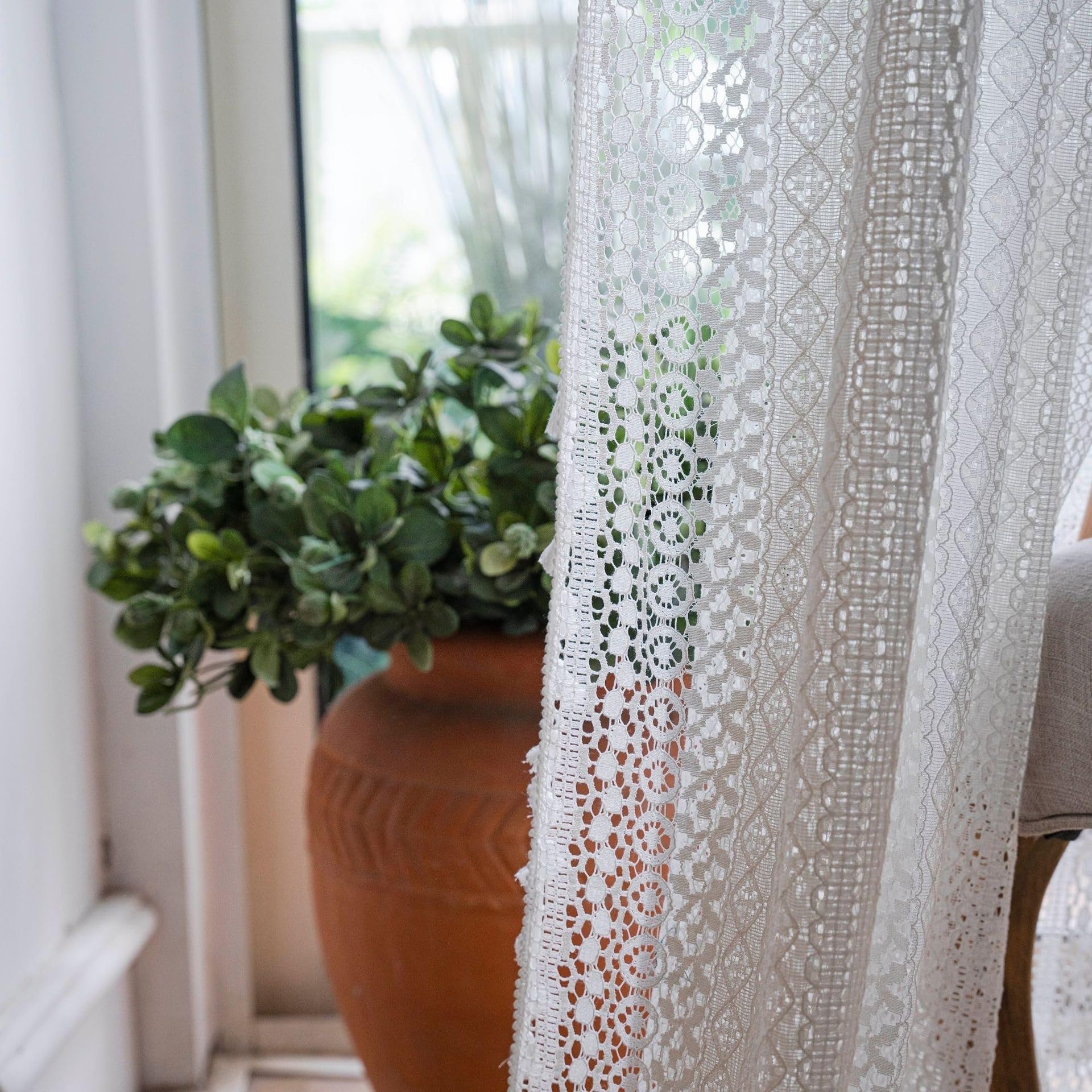 Rideaux à pompons carrés en coton crocheté pour chambre à coucher salon avec passe-tringle 150 x 260 cm