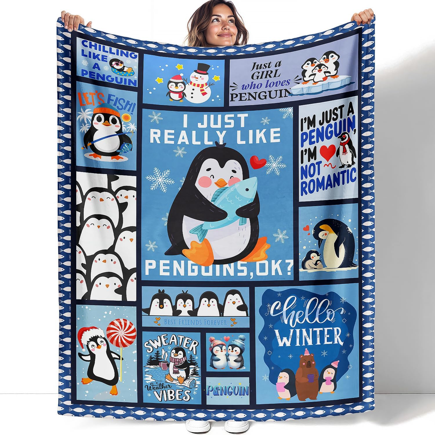 Penguin Throw Blanket, Cute Animal Collage Design, Soft Cozy Fleece Blanket for Couch Bed, 60 x 80 Inches