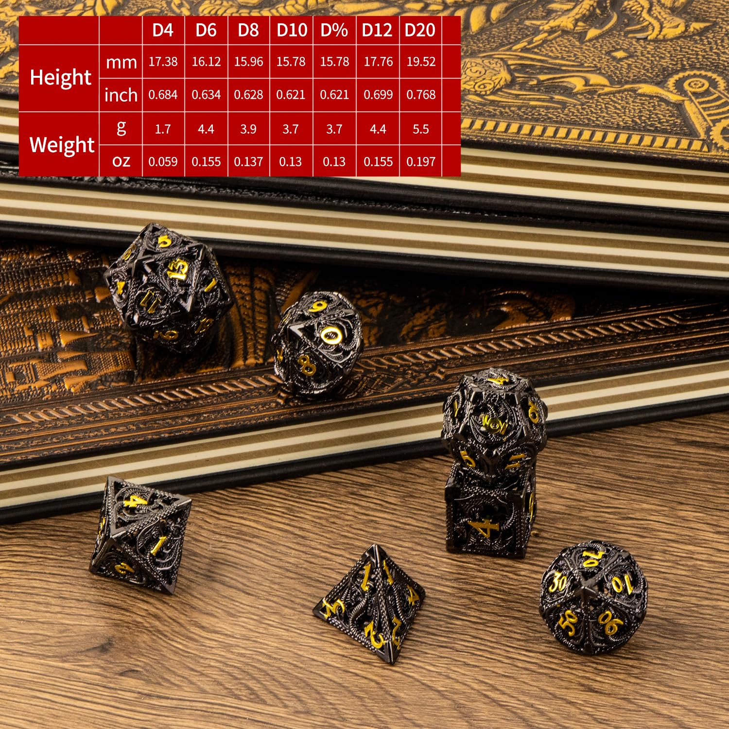 7-teiliges DND-Würfel-Set aus hohlem Metall in Vintage-Holzbox und Tasche, hochwertige hohle polyedrische Würfel für Dungeons and Dragons, RPG-Tischspiele, Sammlergeschenk