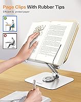 Vista 3 de Soporte para libros para lectura, soporte ajustable con base giratoria de 360° y clips de página, plegable de escritorio para libros de cocina