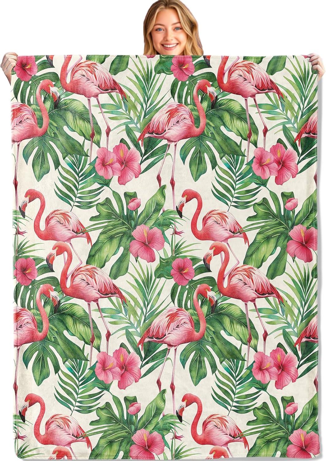 Tropical Flamingo Throw Blanket,60x80in,Soft,Lightweight Flannel,Hibiscus and Cute Animal Blankets - Gifts for Adult & Beach Lovers,for Couch Office Travel,Home Living Room Decor
