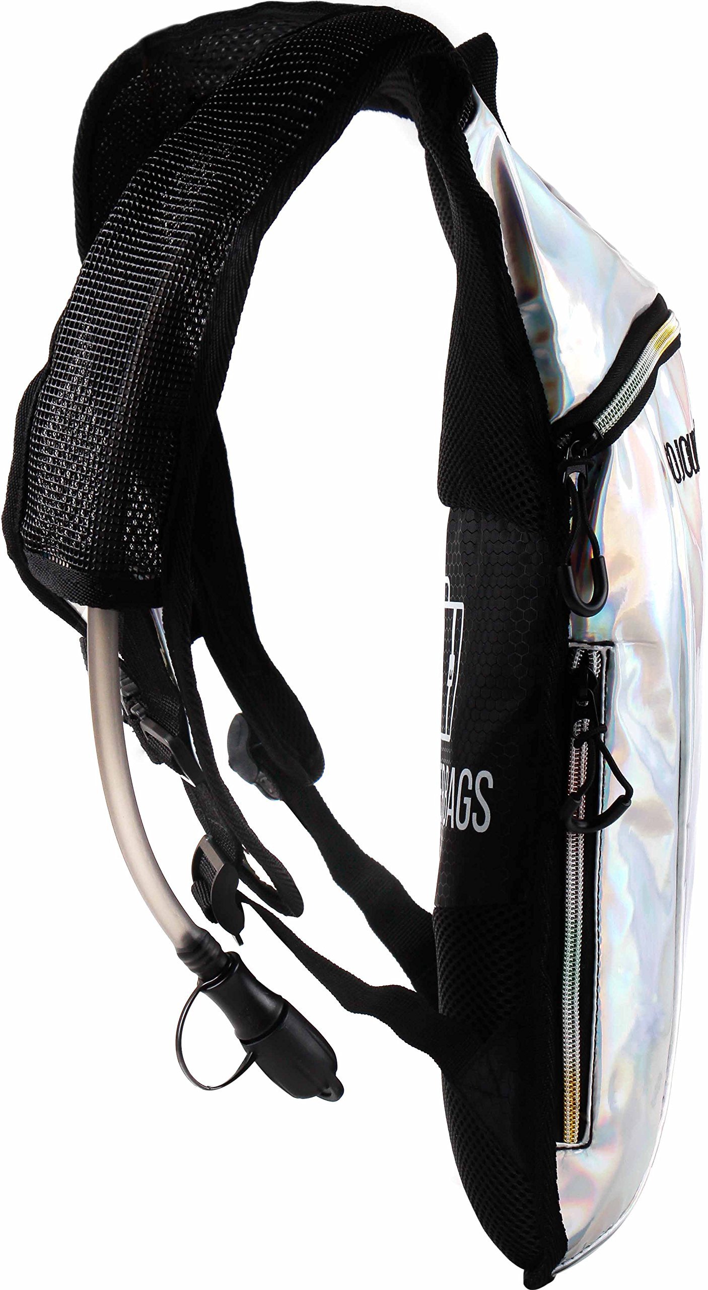 SoJourner Bags Plecak nawadniający – 2 l pęcherz wodny w zestawie na festiwale, raves, piesze wycieczki, jazdę na rowerze, wspinaczkę, bieganie i nie tylko, jeden rozmiar, holograficzny - srebrny