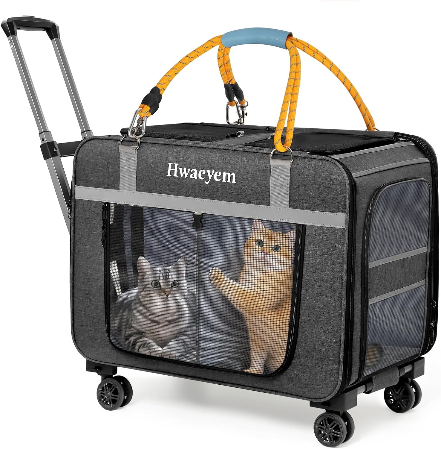 Extra Large Pet Cat Carrier with Wheels, Rolling Pet Carrier for 2 Cats or Medium Dog, 24" X 15" X 17" Portable Dog Cat Crate for Large Cat, Support up to 40 Lbs, Grey
