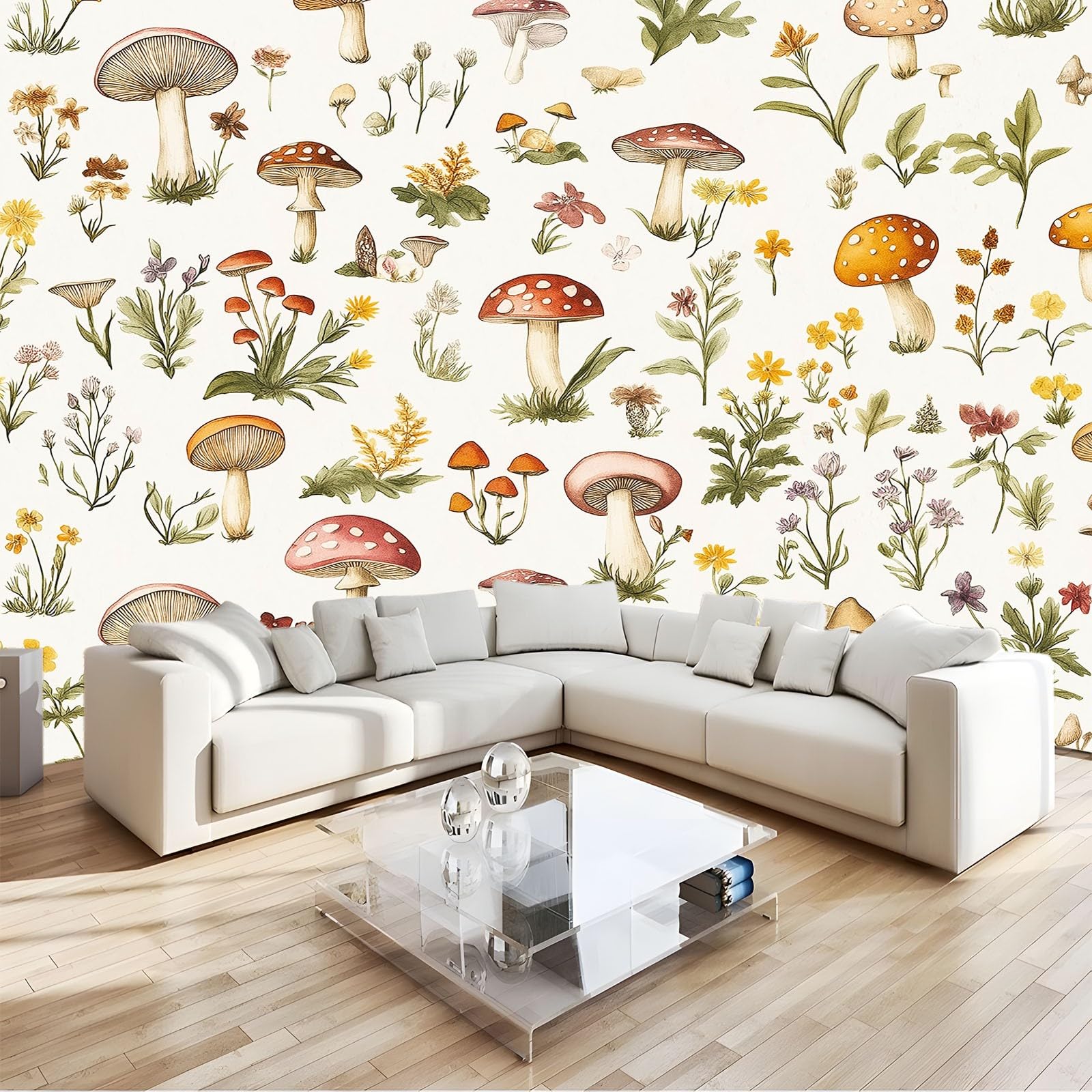 Niestandardowa fototapeta 3D, 250 x 175 cm, akwarela, kwiatowy wzór grzybów, mural, gruba włóknina ścienna, kremowa tapeta do salonu, tło telewizyjne