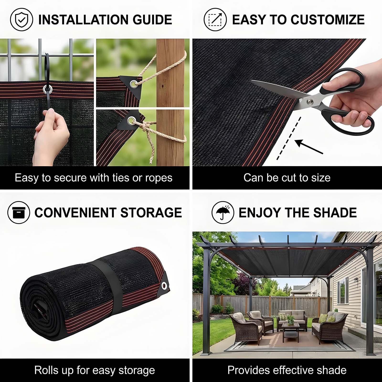 Red de sombra de jardín negra resistente, 90 % de protección UV, lona de malla transpirable con ojales, tela de sombra para invernadero, patio, pérgola (4 x 8 m)