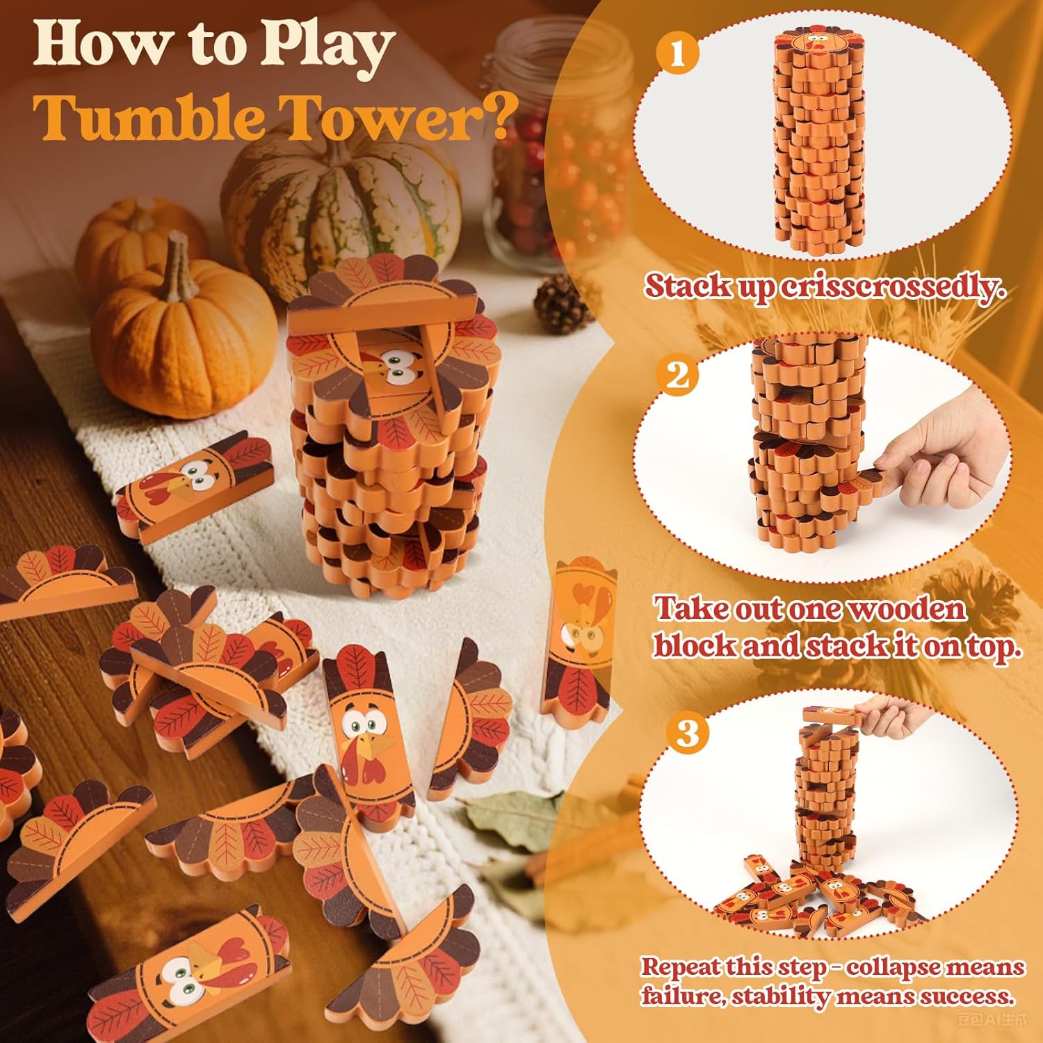 Thanksgiving Wooden Blocks Stacking Games, Turkey Theme Tumbling Tower and Balance Game for Adults, Kids, and Family Party, Stacking Board Toy with Storage Bag, Fall Party Activities Gifts