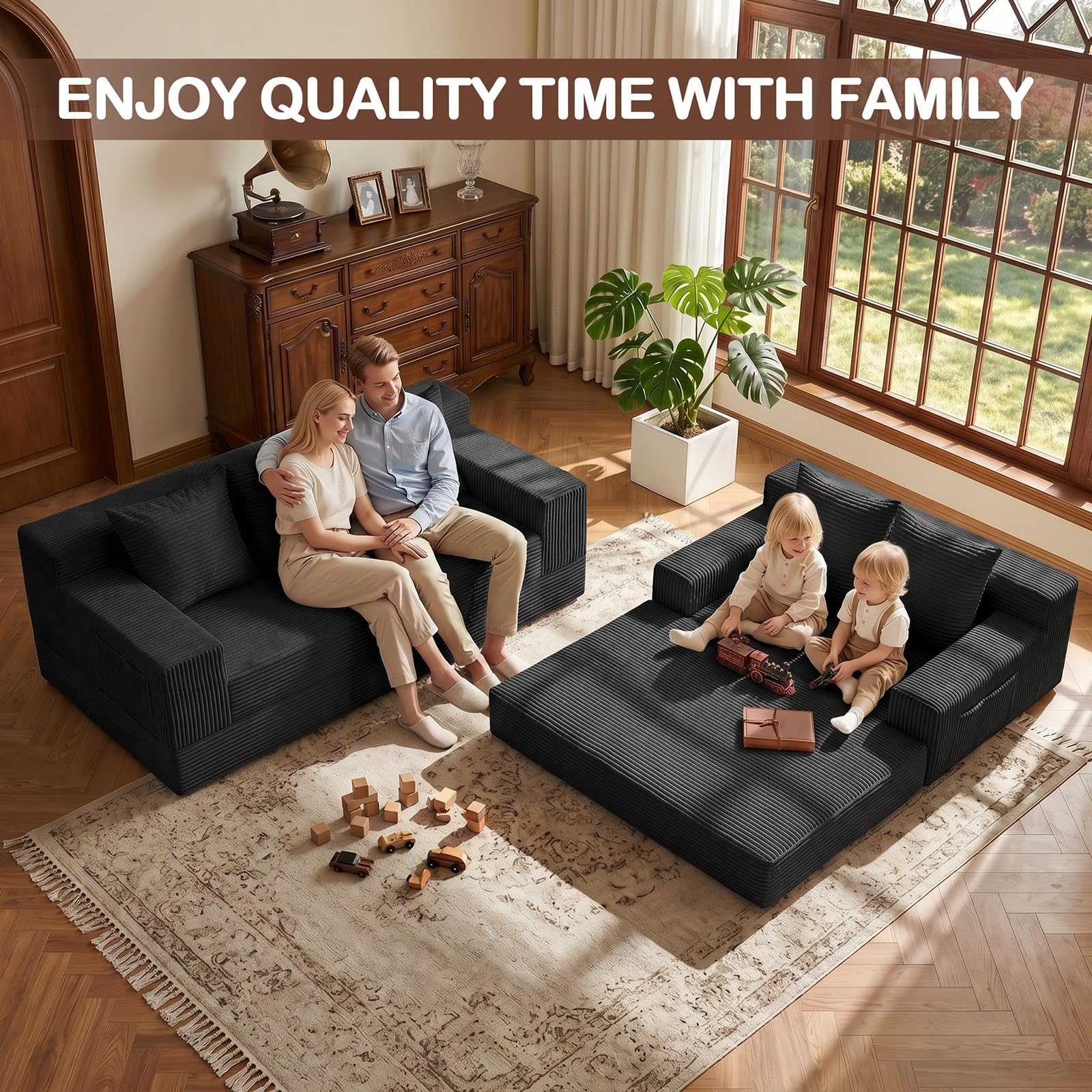 Boneless Loveseat Couch Folding Sofa Bed, Foldable Floor Futon Sleeper Couch Bed - Convertible Sofa Bed, Corduroy Pull Out Sofa Bed with 2 Pillows for Living Room & Bedroom