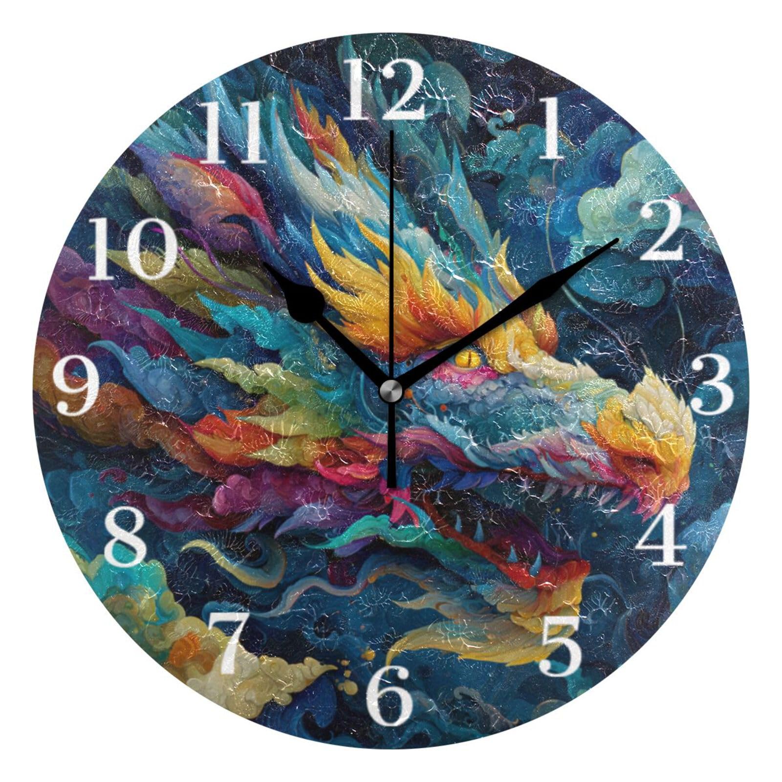 Ensound Colorful Dragon Head Wall Clock Silent Non-Ticking Battery Operated Clocks 12 Inch for Kitchen Home Living Room