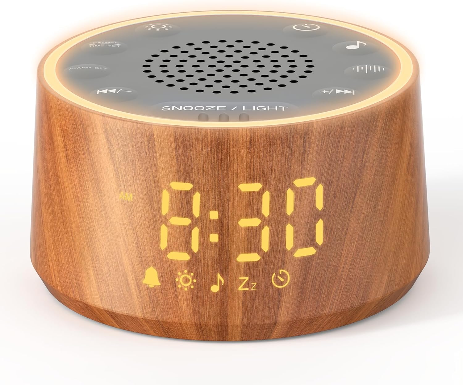 De dalt a baix view of Dreamegg D1 Nova Sound Machine with digital clock display and control buttons