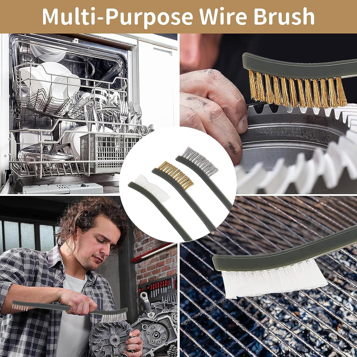 Set 3 Spazzole A Doppia Testa - Acciaio, Ottone E Nylon Per Pulizia Ruggine, Grasso E Saldature - Foto 5