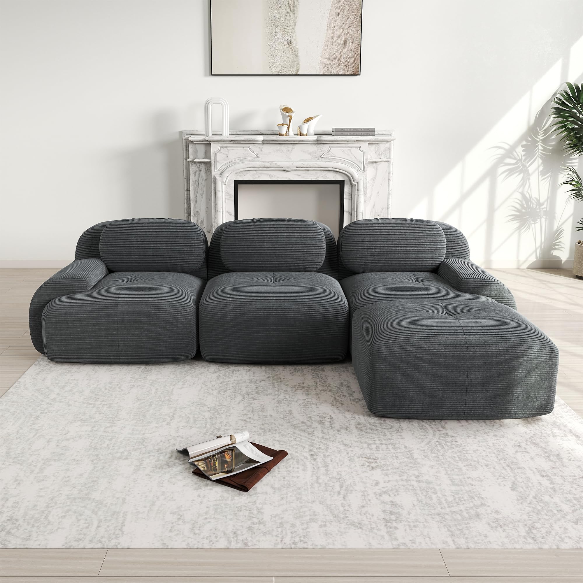 Divano angolare modulare senza montaggio, ergonomico e adatto agli animali domestici, in tessuto a coste con braccioli extra larghi, imbottitura 32D altamente elastica per soggiorno e camera