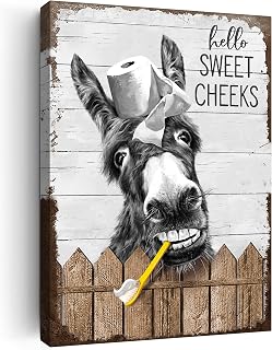 Farmhouse Bathroom Decor Wall Art Funny Donkey Bathroom Wall Art Donkey Bite Toothbrush Pictures for Wall Rustic Animal Canvas Print Framed Artwork for Washroom Bathroom Wall Decor 12x16 Inch