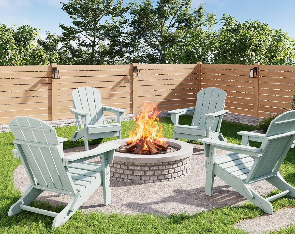 GarveeLife Folding Adirondack Chairs Set of 4, HDPE Plastic Outdoor Chairs with Wood Texture - 380 LBS & Weather Resistant for Fire Pit, Deck, Patio, Pool, Backyard - Light Blue