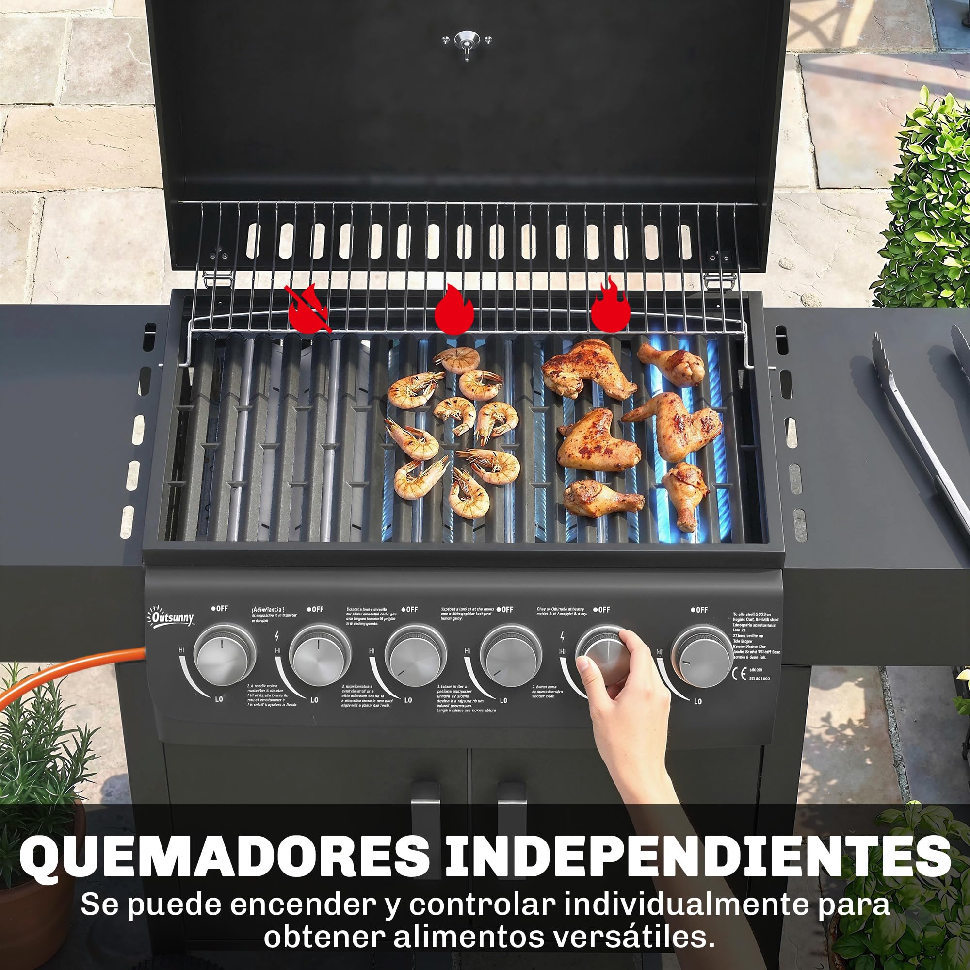 Outsunny Barbacoa de Gas BBQ Gas con 6 Quemadores 15 kW, Barbacoa Portátil con Termómetro, Mesas Laterales, Armario, Rejilla Calentadora, Parrilla, Recogedor de Grasa, 2 Ruedas y Tapa, Negro