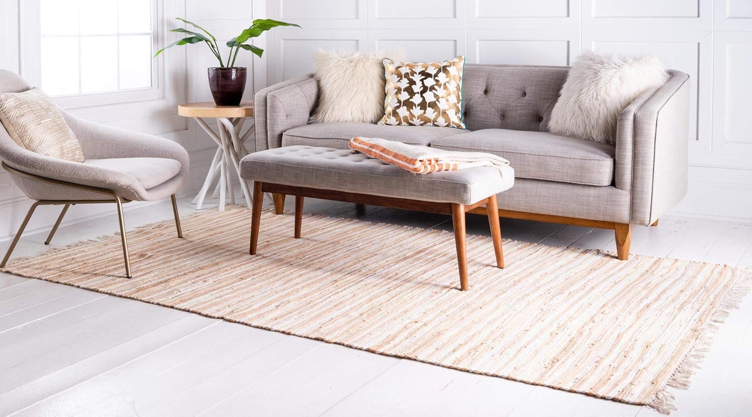 Rugs.com Chindi Cotton Collection Rug – 4' x 6' Beige Flatweave Rug Perfect for Living Rooms, Large Dining Rooms, Open Floorplans