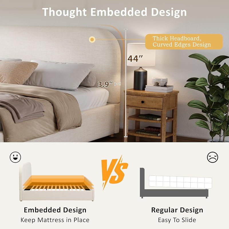 Merax King Size Bed Frame, Upholstered Linen Platform Bed with 44 Inch Tall Headboard & Footboard, Solid Wood Base, Soft Curved Edges Design King Bedframe, No Box Spring Needed, Easy Assembly, Beige image 4