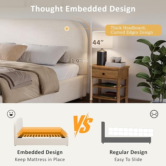 Christopher Knight Home Lanet Linen Upholstered King Size Bed Frame with Headboard, Modern King Bed Frame and Headboard, Wooden Slats Support, Easy Assembly, No Box Spring Needed, Beige