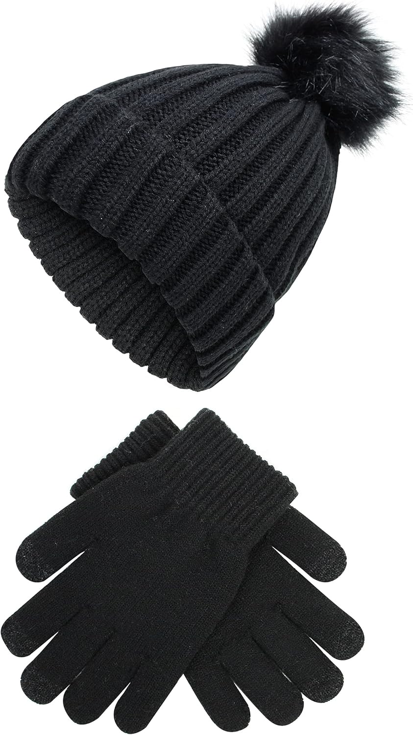 Muryobao 2 Pcs Womens Winter Knitted Beanie Hat Touch Screen Gloves Set Knit Cuffed Skull Cap with Faux Fur Pom