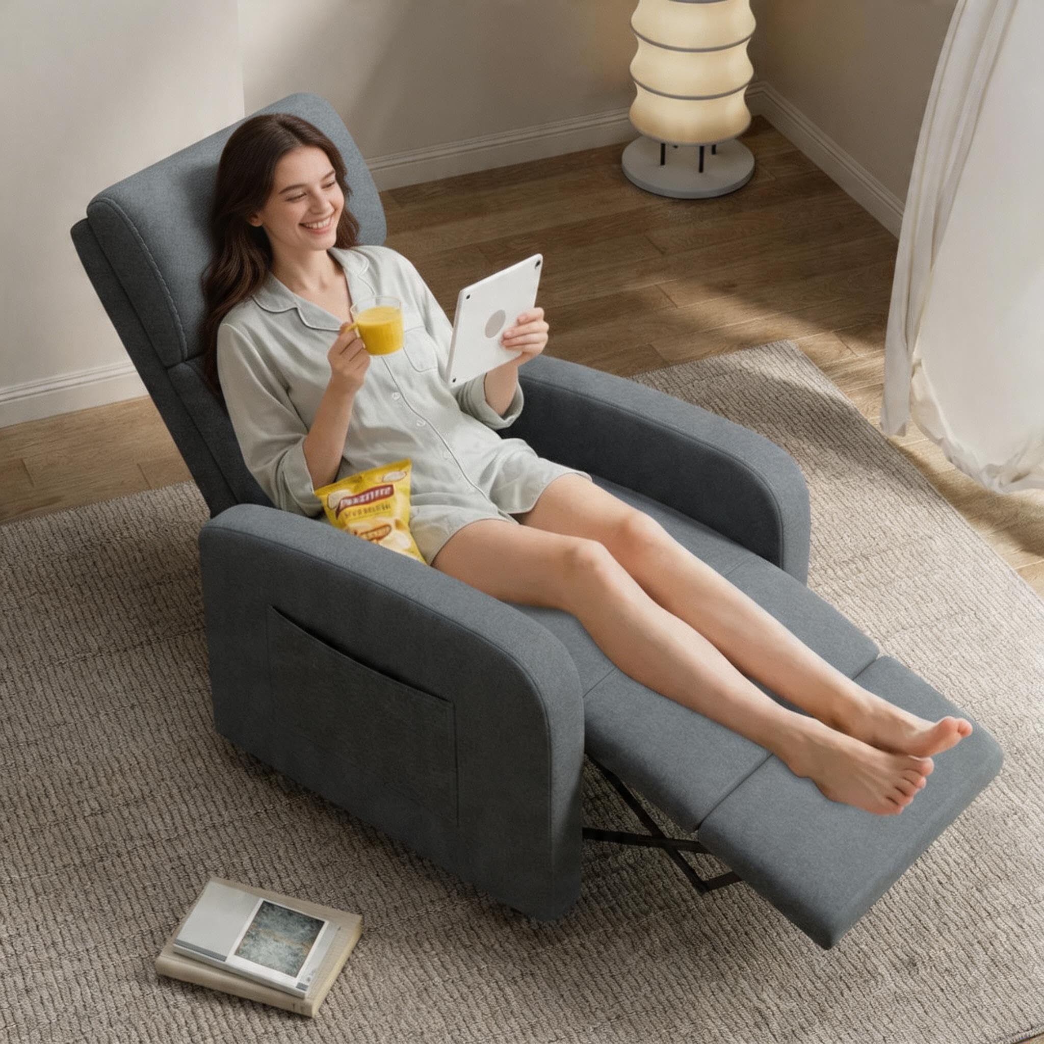 Garvee Relaxsessel Leinen, Fernsehsessel mit Liegefunktion & Seitentasche