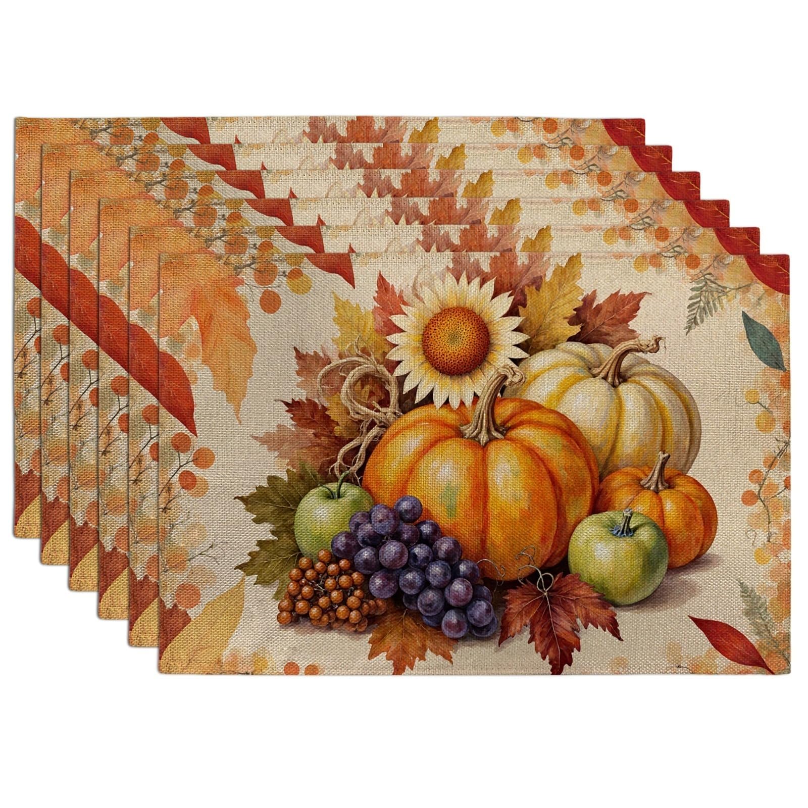 Fall Harvest Placemats, Rustic Autumn Floral Place Mats for Dining Table, Thanksgiving Non-Slip Washable Indoor Outdoor Kitchen Party Decorative Placemat Set of 6