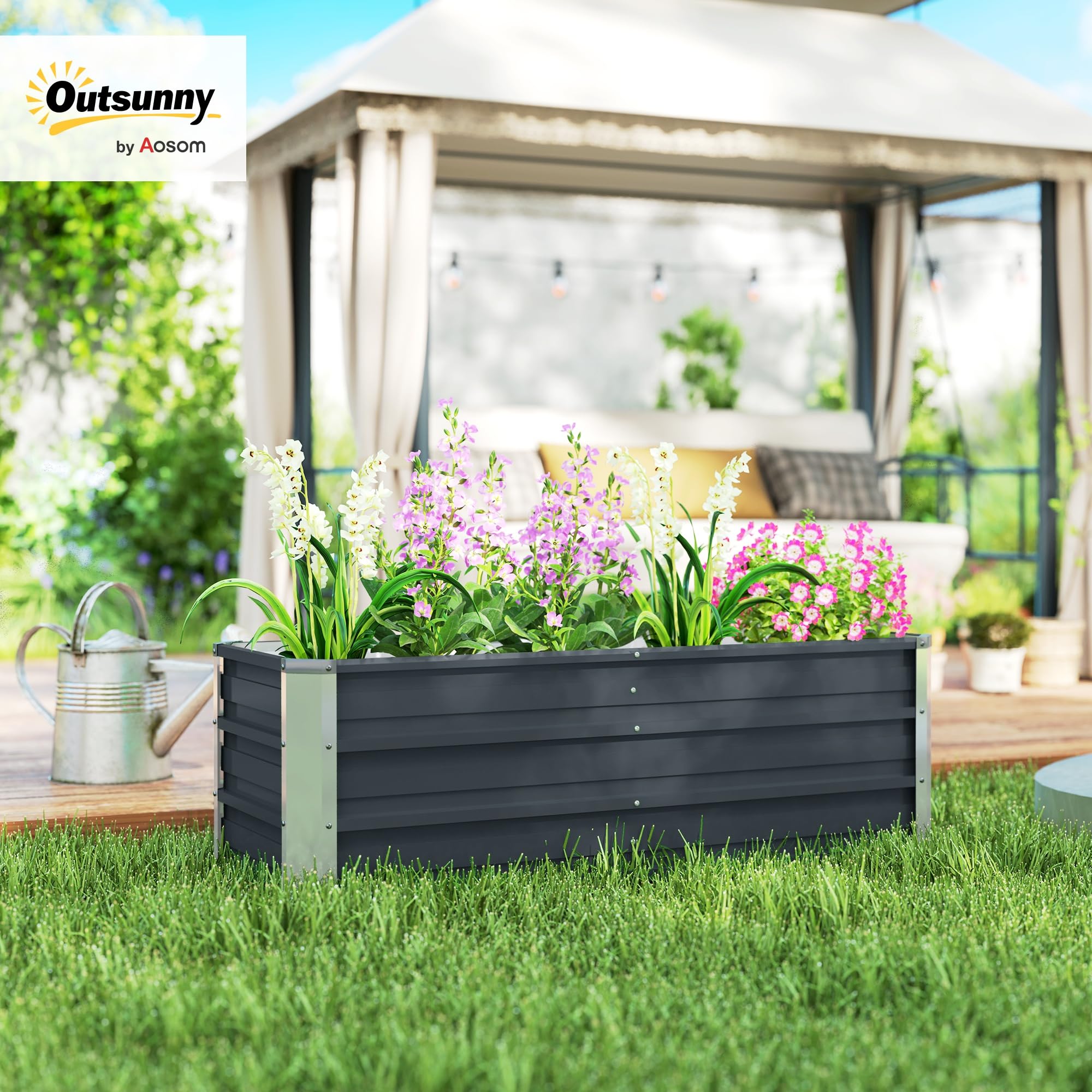 Outsunny Hochbeet aus Stahl mit Handschuhe 125 x 47 x 44 cm Kohlegrau | Schmal Gartenbeet, Pflanzkasten, Blumenkasten, Blumenkübel