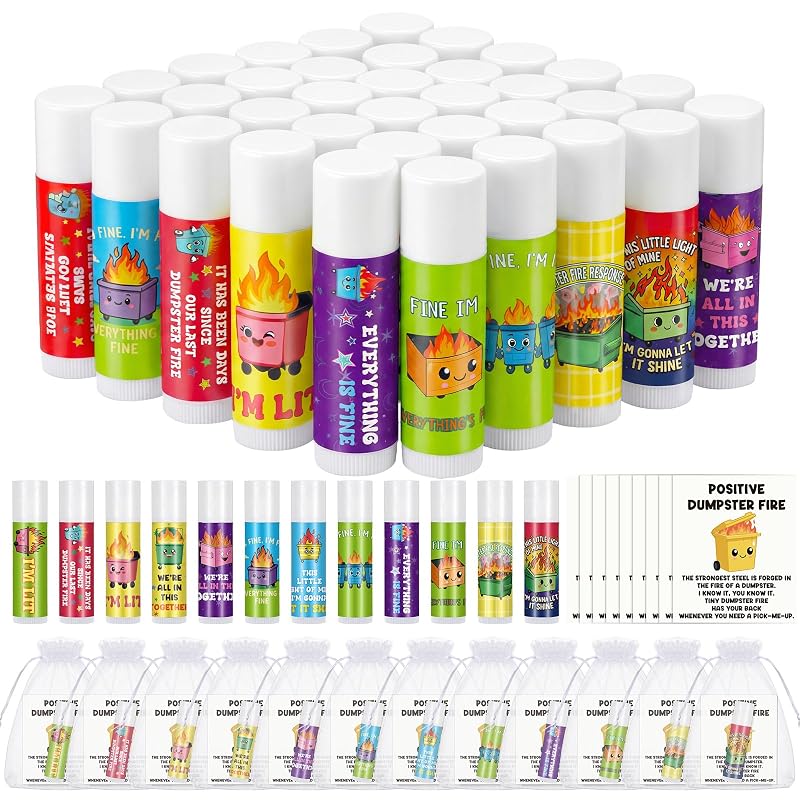 Kit com 36 bálsamos labiais Heigble com tema de lixeira em chamas, 12 designs, sacolas e cartões