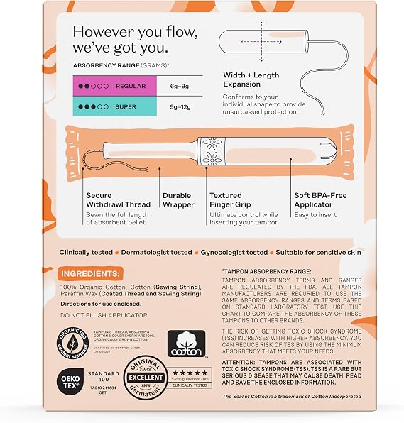 The Honey Pot Company - Multipack -100% Organic Cotton Core Tampons w/BPA-Free Plastic Applicator - Regular & Super Absorbency - Unscented - Feminine Care - 18 Count
