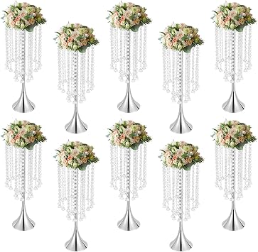 Crystal Flower Stand 10 Pcs Silver Flower Vase Chandelier Wedding Centerpieces, Tall Metal Flower Arrangement Stand, Bulk Metal Centerpieces Vase for Party Reception Ceremony Decoration